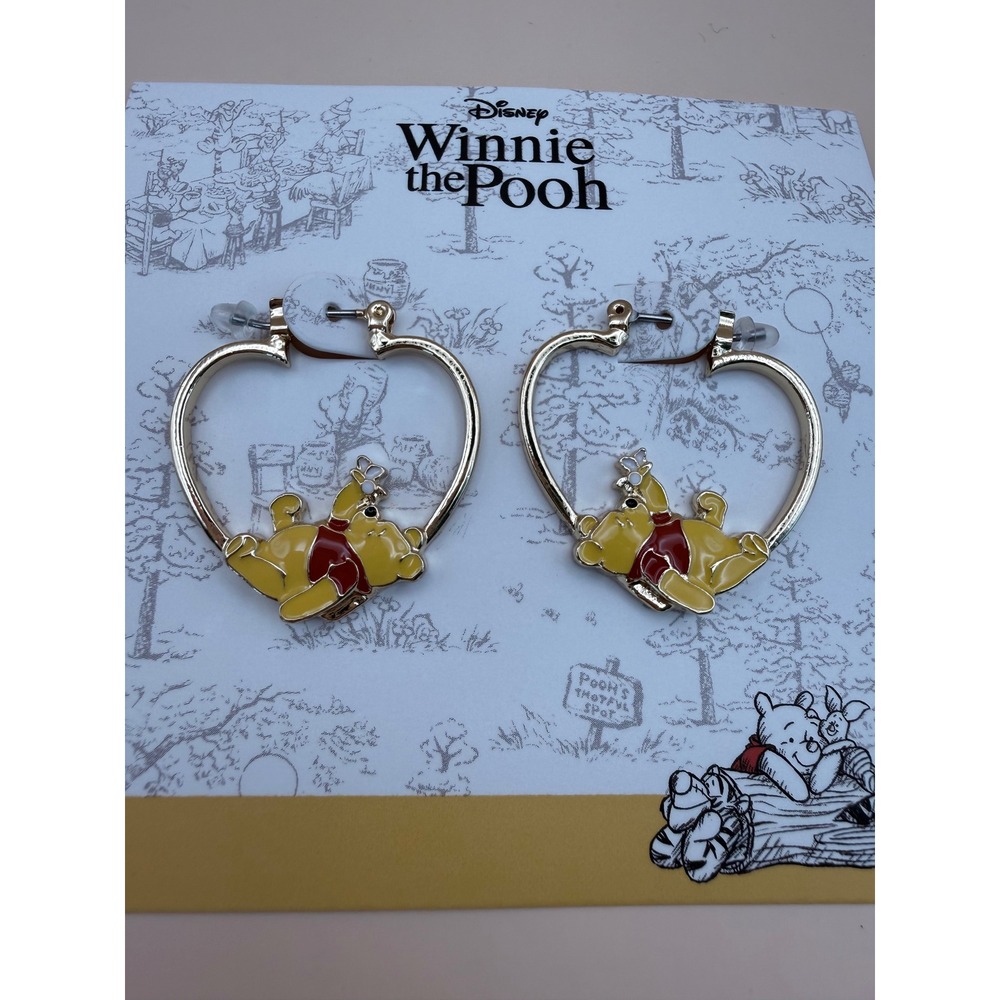Disney Winnie the Pooh Heart Hoop Earrings Gold Tone Enamel Pooh‎ Bear New